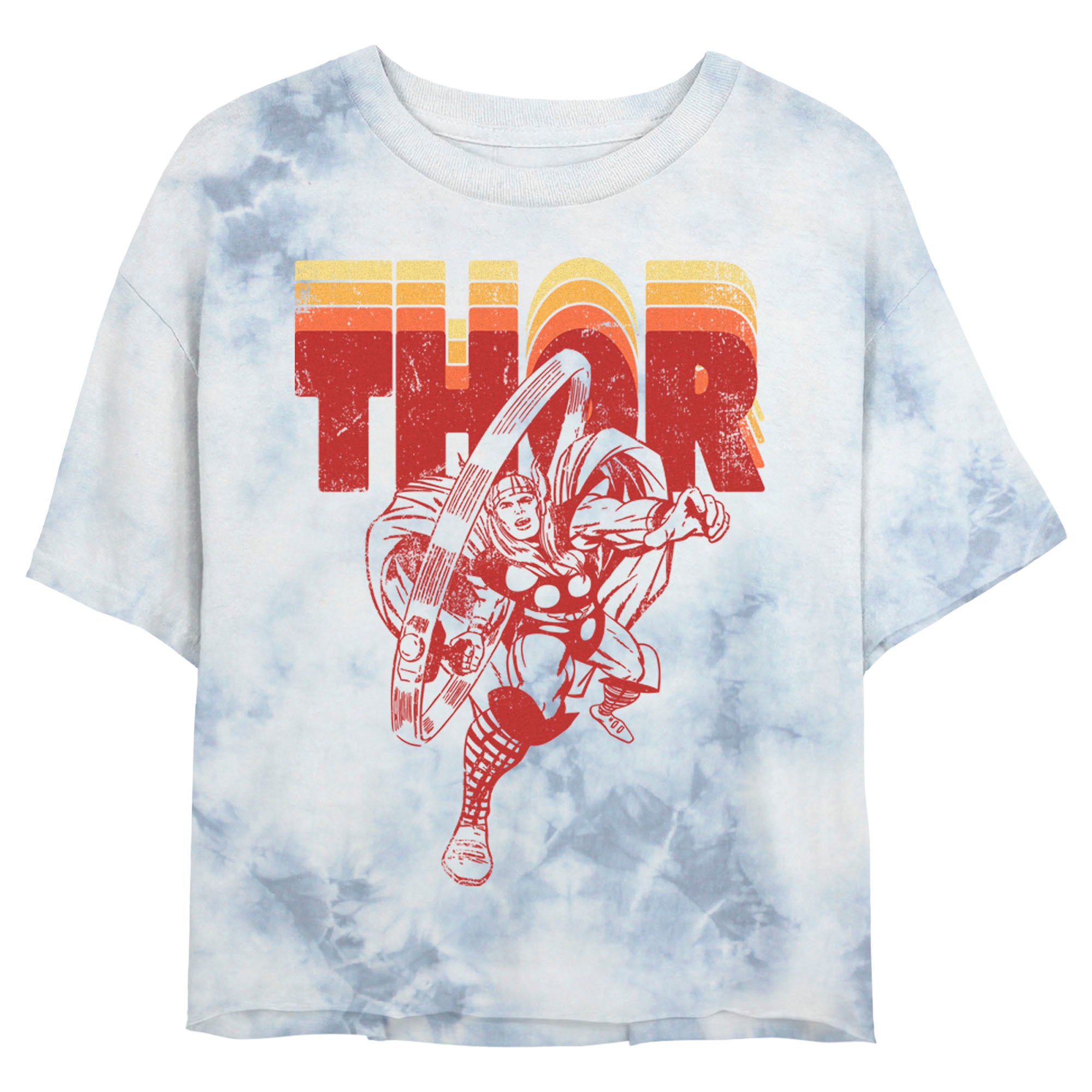  Junior's Marvel Thor Retro Bombard Tie-Dye T-Shirt- WHITEBLUE / S, WHITEBLUE / M, WHITEBLUE / L, WHITEBLUE / XL- Marvel Apparel- Coinz Comics 