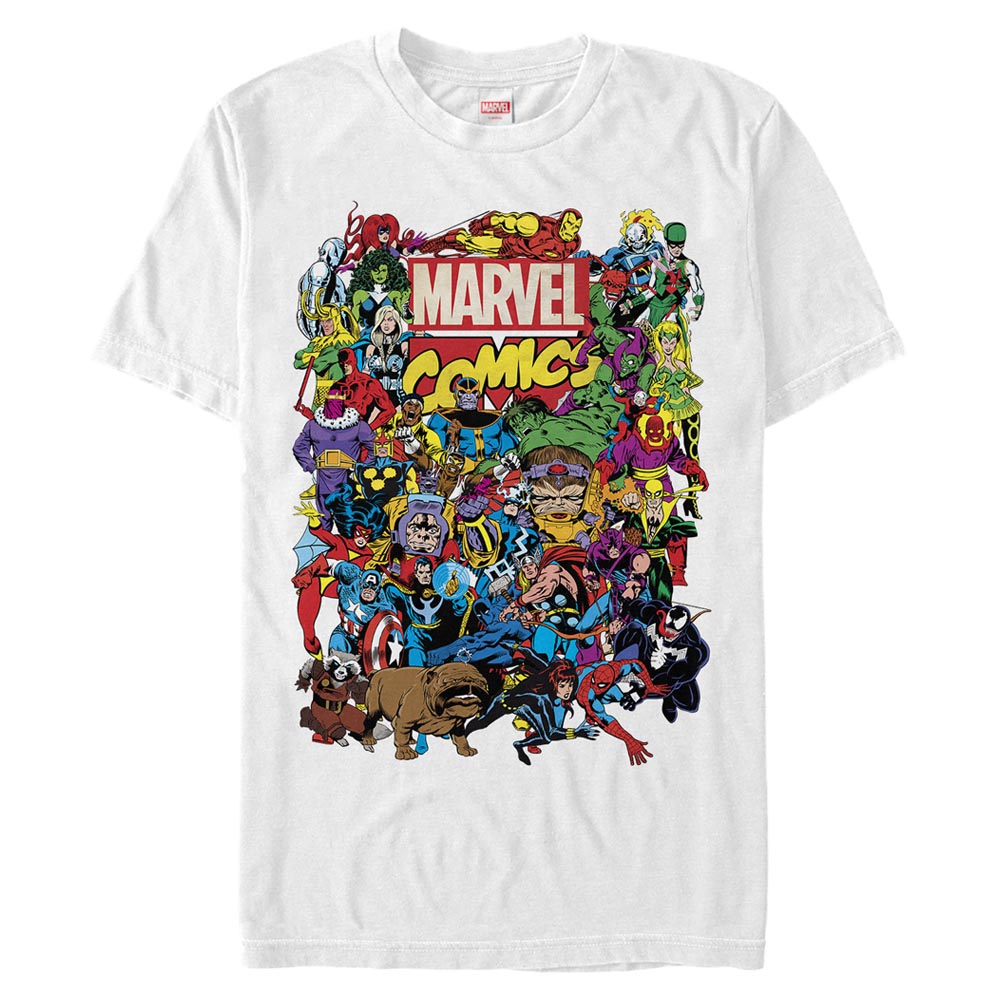  Men's Marvel Entire Cast T-Shirt- WHITE / 3XL, WHITE / L, WHITE / M, WHITE / S, WHITE / XL, WHITE / XS, WHITE / XXL- Marvel Apparel- Coinz Comics 