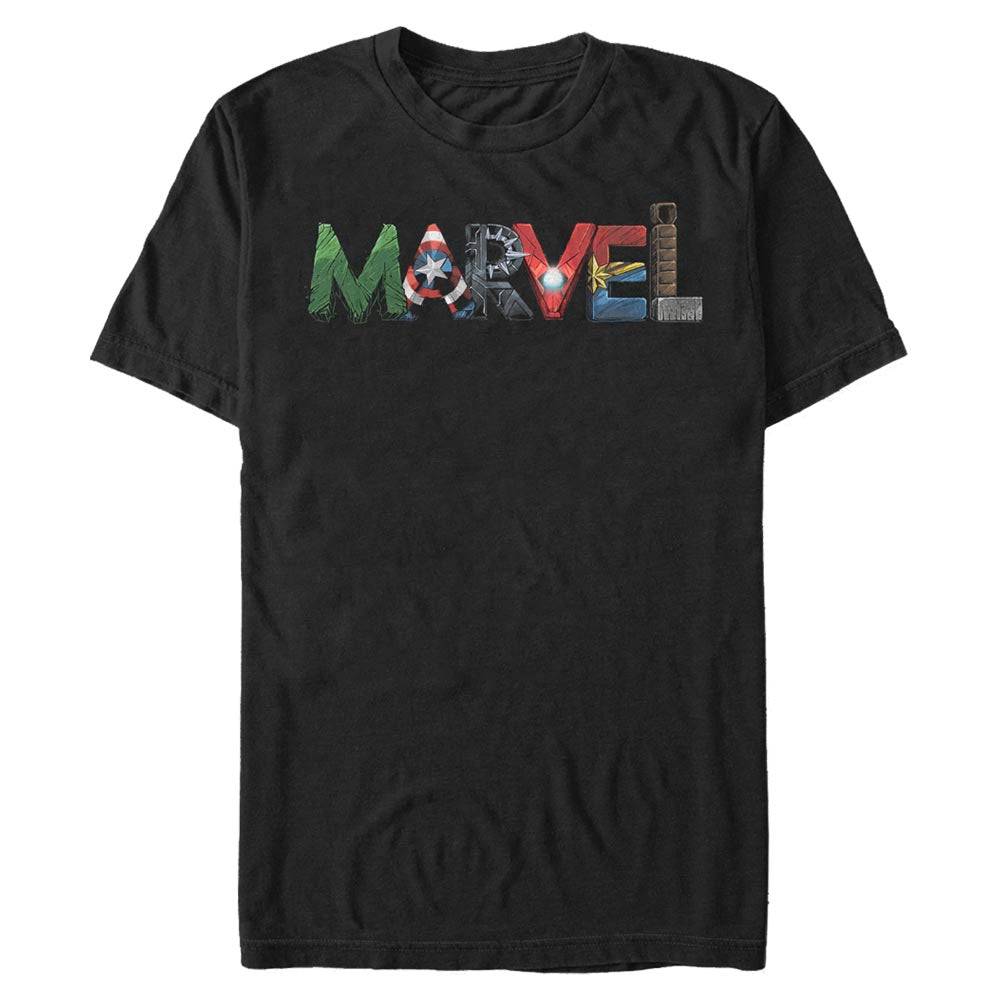  Men's Marvel MARVEL Fan Letters T-Shirt- BLACK / 3XL, BLACK / L, BLACK / M, BLACK / S, BLACK / XL, BLACK / XS, BLACK / XXL- Marvel Apparel- Coinz Comics 