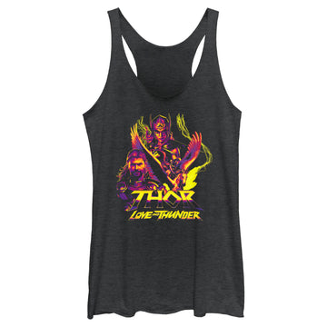  Junior's Marvel Thor Love and Thunder Thunder Character Pyramid Tank Top- BLK HTR / XS, BLK HTR / S, BLK HTR / M, BLK HTR / L, BLK HTR / XL, BLK HTR / XXL- Marvel Apparel- Coinz Comics 